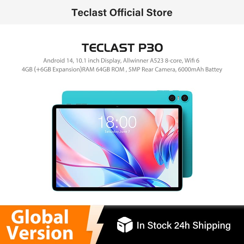 טאבלט Teclast P30 בגרסה גלובלית בצבע טורקיז — מבט קדמי ואחורי עם מסך 10.1 אינץ', אנדרואיד 14 ומצלמה כפולה אחורית
