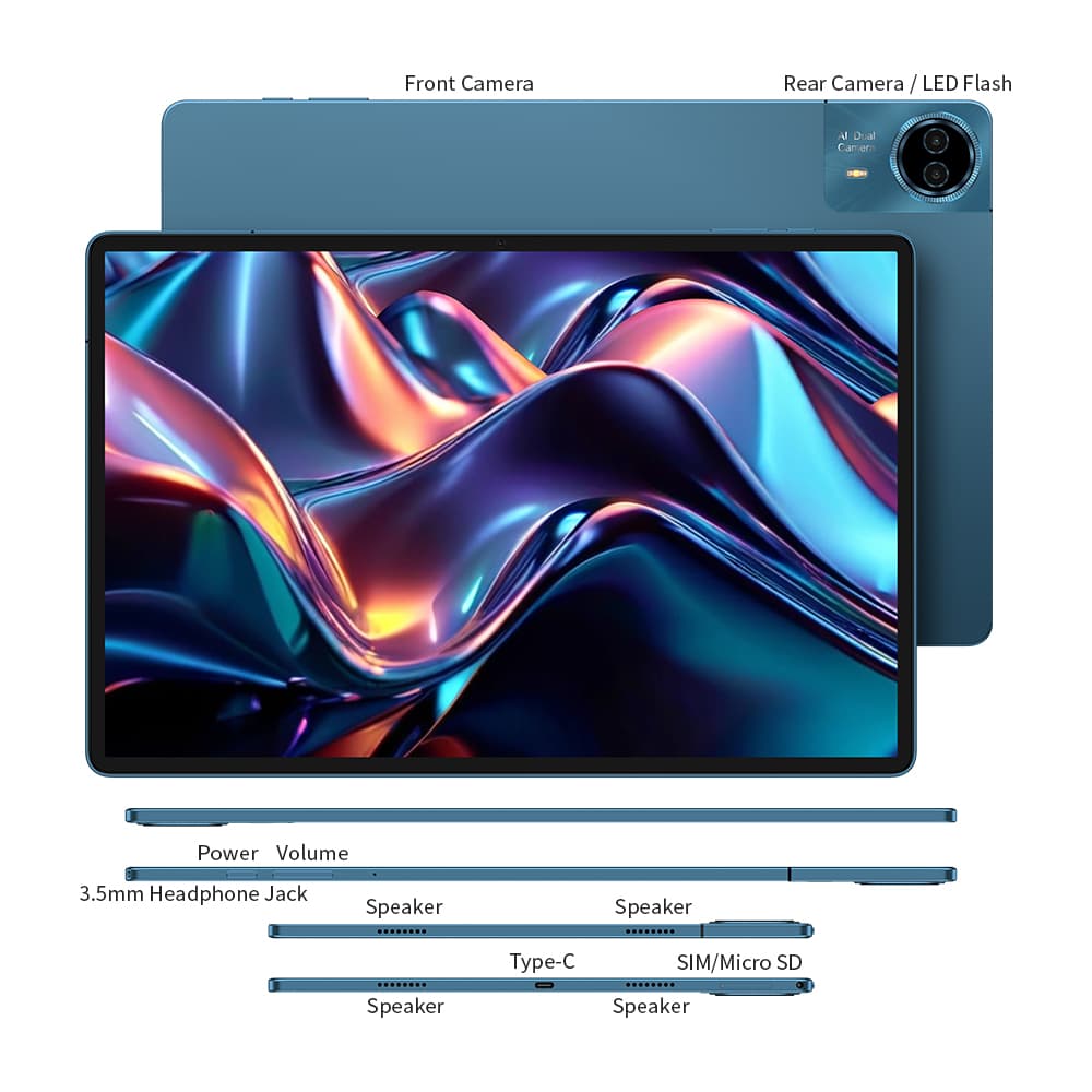 טאבלט Teclast T70 בצבע כחול עם מסך 14.1 אינץ', מבט קדמי ואחורי, חיבור Type-C, חריץ SIM ורמקולים מרובעים